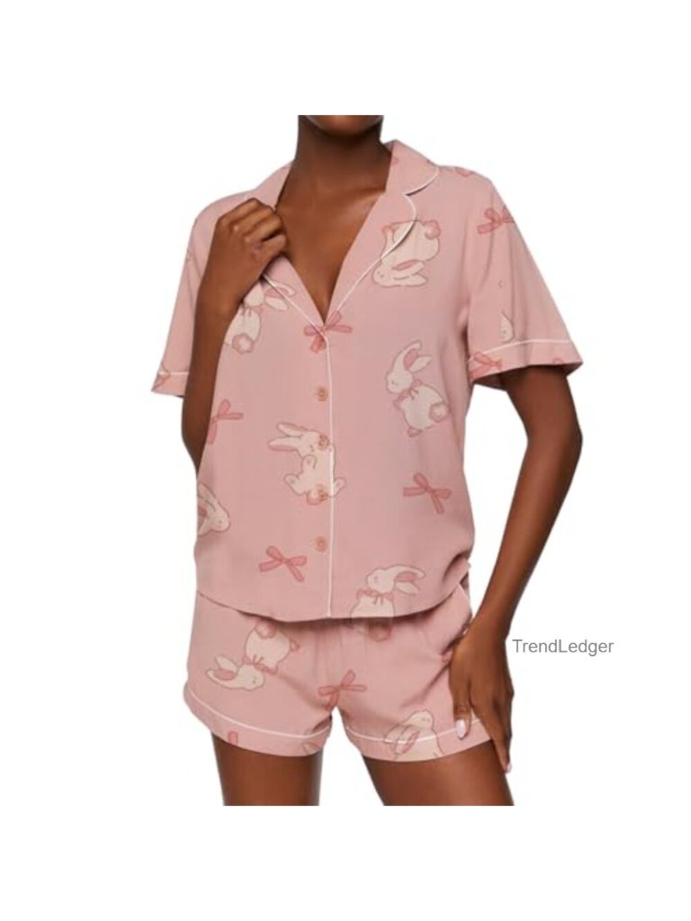 Cute Bunny Print 2-Piece Pajama Set Short Sleeve Button Down Lounge Sleepwear